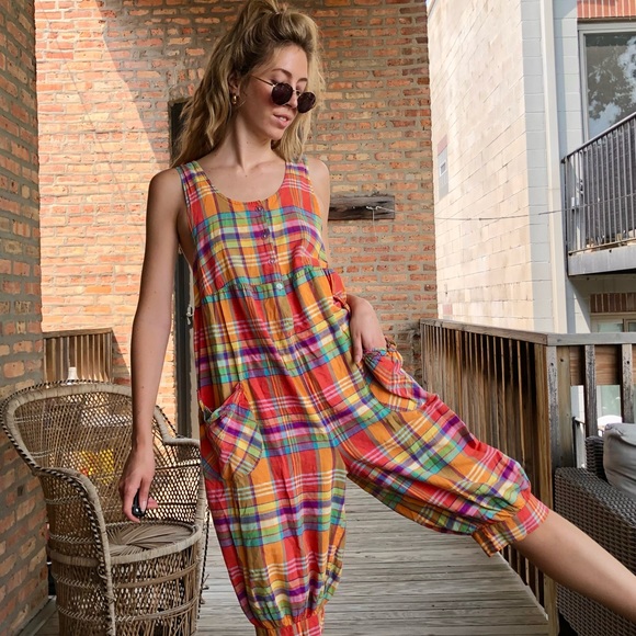 Vintage Pants - Vintage One Piece Plaid Jumper